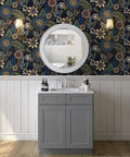 Slay Your Walls With This Dope Blue Boho Wallpaper Peel And Stick Vintage Floral Pattern Removable Self Adhesive Vinyl Roll For Bedroom Bathroom DIY Refresh Smooth Operator Vibes Upgrade Game on bathroom wall with sink and mirror.