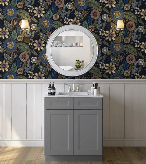 Slay Your Walls With This Dope Blue Boho Wallpaper Peel And Stick Vintage Floral Pattern Removable Self Adhesive Vinyl Roll For Bedroom Bathroom DIY Refresh Smooth Operator Vibes Upgrade Game on bathroom wall with sink and mirror.