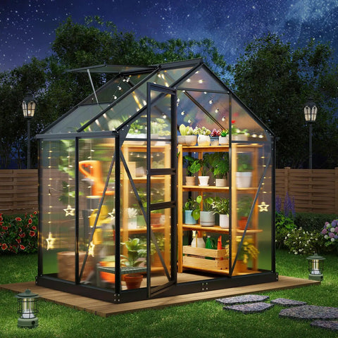 Walk In Greenhouse For Outdoor Use 6x4 Ft Built Tough Aluminum Frame Polycarbonate Panels Lockable Door Adjustable Roof Vent Hollow Wall Panels For Easy Spring Gardening And Year Round Plant Health
