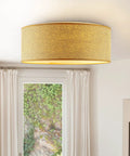 Modern 3 Light Flush Mount Ceiling Light With Fabric And Acrylic Double Drum Shade In Flaxen Delivers Cozy Warm Glow