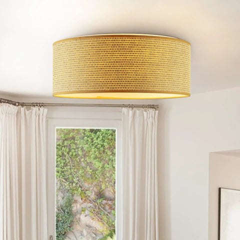 Modern 3 Light Flush Mount Ceiling Light With Fabric And Acrylic Double Drum Shade In Flaxen Delivers Cozy Warm Glow