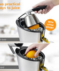 Lifetime 200 Watt Stainless Steel Electric Citrus Juicer With Lever Press Bpa Free 10 Oz Juice Cup extracting juice with lever and by hand.