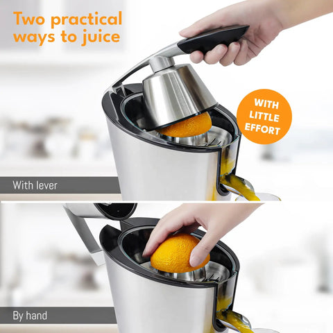 Lifetime 200 Watt Stainless Steel Electric Citrus Juicer With Lever Press Bpa Free 10 Oz Juice Cup extracting juice with lever and by hand.