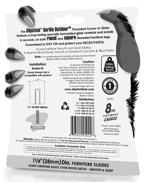 Heavy Duty Adjustable Furniture Levelers 8 Pack Weatherproof Screw In Leg Glides For Patio Chairs Built Badass To Kick The Wobble Smooth PTFE Slider Feet For Indoor Backyard Or Deck Use 118 Inch Glide packaging showing features and specifications.