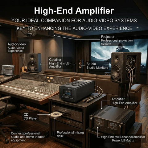 High-End Amplifier setup in a professional studio with monitors, mixing desk, and projector, featuring Absolute Next Level Ac88 Power Conditioner For Home Theater And Studio Gear Noise Eliminator Filters Video Static And EMI Interference Runs Like Butter Daily.