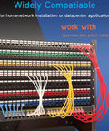 Network patch panel connected with various colored cables, compatible with Cat6 Keystone Jack Slim 25 Pack, 90 Degree RJ45 Punch Down White.