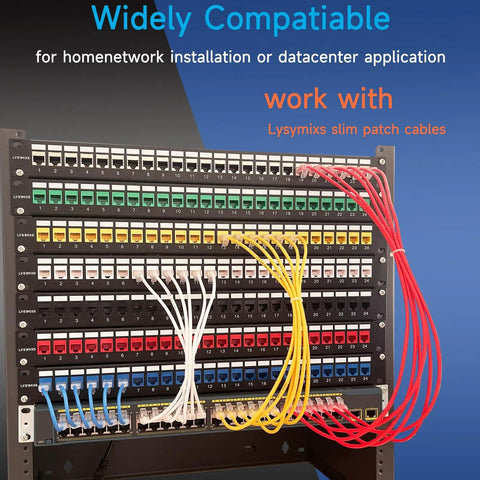 Network patch panel connected with various colored cables, compatible with Cat6 Keystone Jack Slim 25 Pack, 90 Degree RJ45 Punch Down White.