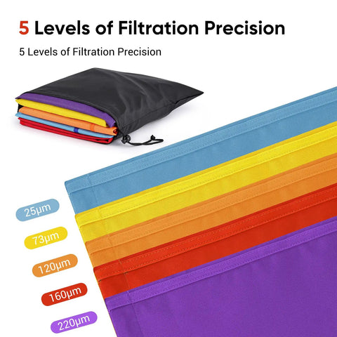 Five Gallon Filter Bag Set With Handles Five Pack Featuring 25 73 120 160 220 Micron Mesh Bags Color Coded Labels