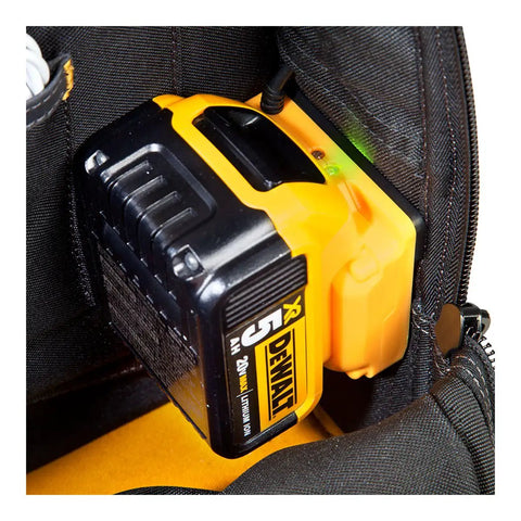Interior view of DGC533 USB Charging Tool Backpack With 33 Pockets For On The Job Battery Not Included showing battery dock
