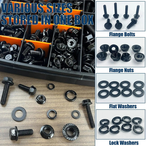 Hardcore Metric Flange Bolt Kit With Socket Wrench 716 Piece Hex Fastener Set Grade 10.9 with various sizes stored.