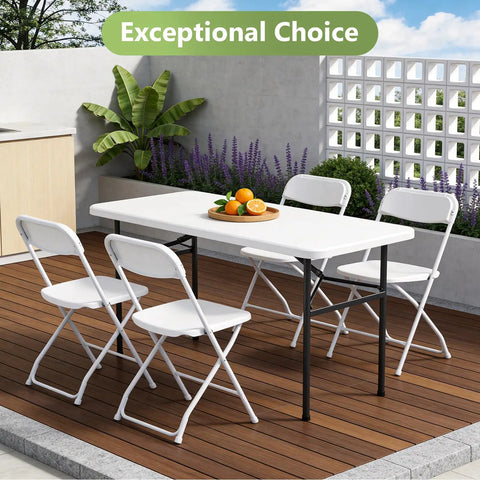 Heavy Duty 4ft Folding Table With Steel Legs, a real workhorse that handles up to 400 lbs, set for outdoor dining with chairs.