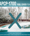 Automatic Submersible Pool Cover Pump 115V 1/3 HP With 1745 GPH, 25 Ft Cord, Light Blue Body, outdoor pool view with snow cover.