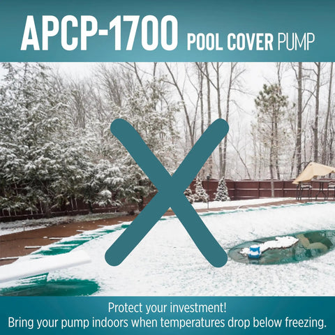 Automatic Submersible Pool Cover Pump 115V 1/3 HP With 1745 GPH, 25 Ft Cord, Light Blue Body, outdoor pool view with snow cover.