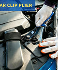 18 Piece Auto Trim And Fastener Removal Tools Set car clip pliers in use under car hood, close-up view
