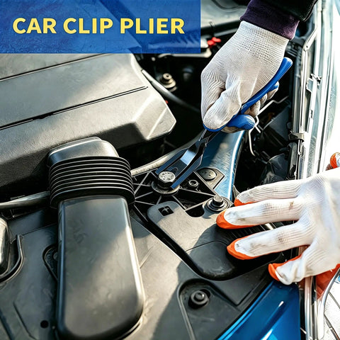 18 Piece Auto Trim And Fastener Removal Tools Set car clip pliers in use under car hood, close-up view