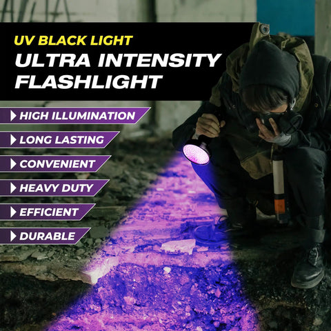 UV Black Light Flashlight 395nm With 100 LEDs 18W Portable UV Inspection Tool highlighting stains on the ground in a dark area