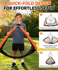 Child holding Two Pack Backyard Pop Up Soccer Goals 4x3 Ft for kids, showing quick fold design for effortless setup and storage.