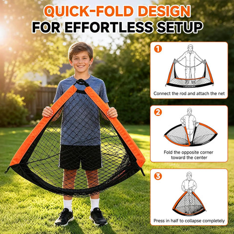 Child holding Two Pack Backyard Pop Up Soccer Goals 4x3 Ft for kids, showing quick fold design for effortless setup and storage.