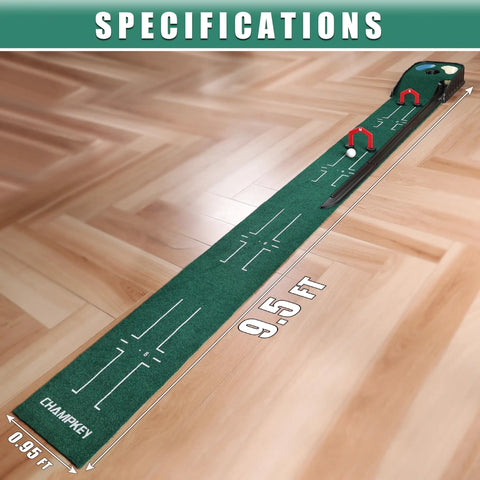 Indoor Golf Putting Green Mat For Home Practice With Hazard Bunker And Water Challenge on wooden floor, 9.5x0.95 ft specifications