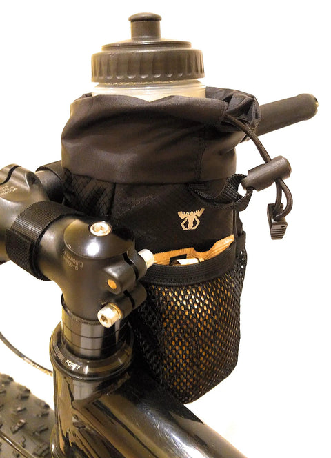 Bike Stem Bag With Insulated Pouch For Snacks And Water Bottle Storage on handlebars, one-hand access, fits 32oz bottle.