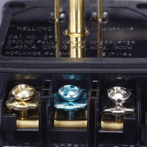 Close-up of the screw terminals on the Three Prong GFI Waterproof GFCI Plug Replacement 15 Amp UL Listed for various appliances.