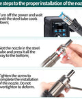 Steps for installing nozzle on Pro Grade Digital Hot Air Rework Station With Fast Heat, 3 Memory Presets, brushed aluminum panel.