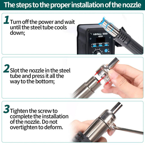 Steps for installing nozzle on Pro Grade Digital Hot Air Rework Station With Fast Heat, 3 Memory Presets, brushed aluminum panel.