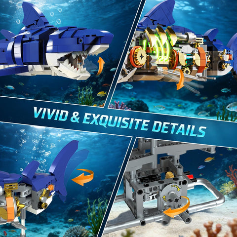 Epic Mechanical Shark Building Set With LED Light 687 Pieces Gear Driven Head And Movable Joints Ocean Predator Display Stand Sea Creature Building Blocks Home Decor Gift For Adults Teens And Kids 12 Plus
