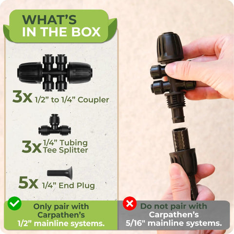 Drip Irrigation Fittings Pack With 3x 4 Way Barbed Tees 1/2 To 1/4 Inch And 3x 3 Way Tee Splitters 1/4 Inch Plus 5 End Plugs Push To Connect