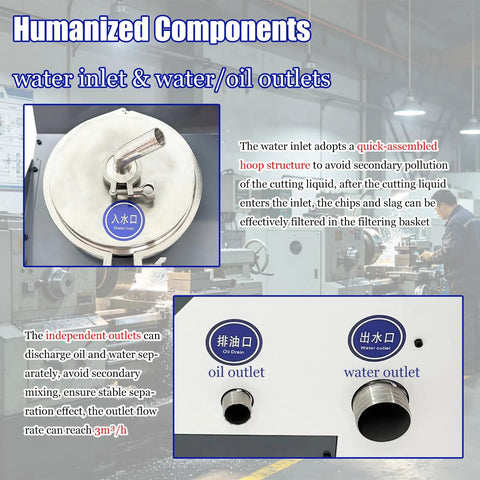 Heavy Duty Pneumatic Chip And Sludge Removal Machine For Cnc Workshops High Performance Cutting Fluid Filter water inlet and outlet details.
