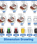 Dimension drawing of 57 Piece WH138 Rotary Potentiometer Kit with B5K Through B1M Ohm options, knurled 3-pin linear potentiometers, knobs.
