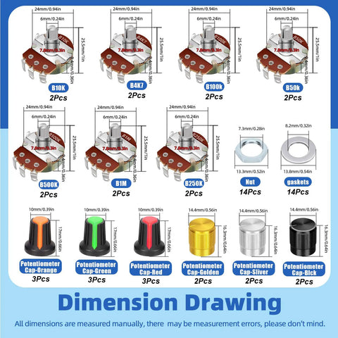 Dimension drawing of 57 Piece WH138 Rotary Potentiometer Kit with B5K Through B1M Ohm options, knurled 3-pin linear potentiometers, knobs.
