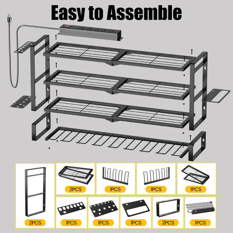 Exploded view of Heavy Duty Power Tool Organizer Wall Mount With 7 Slot Cordless Drill Holder And Battery Shelf assembly components.