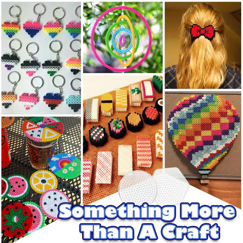 Colorful designs made with 32000 Fuse Beads Kit With 32 Colors And 6 Pegboards For Kids Ages 5 And Up Complete Arts And Crafts Set