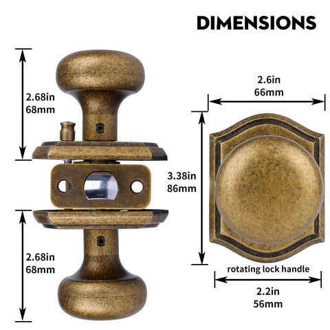Privacy Door Knob For Interior Doors In Antique Brass with dimensions, includes a rotating lock handle, 1 pack.