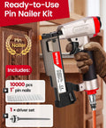 TopShelf Pneumatic Pin Nailer Combo Pack delivers ten thousand premium one inch 23 gauge micro nail bursts for trim work.