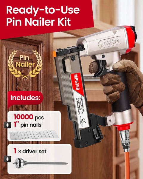 TopShelf Pneumatic Pin Nailer Combo Pack delivers ten thousand premium one inch 23 gauge micro nail bursts for trim work.