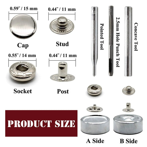 Premium Brass Metal Snap Buttons Fastener Kit With Heavy Duty Tools Silver 15mm parts including cap, stud, socket, post, and tools.