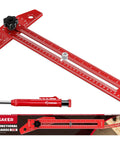 Red adjustable aluminum sliding T square ruler with built-in protractor and pro-grade line drawing aid for angles and lengths from 0 to 18 inches and 0 to 48 cm easy marking and layout tool great for home workshops.