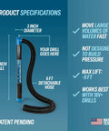 Heavy Duty Drill Powered Stick Water Transfer Pump Slams Through 160 GPM showing specifications, 41 inches tall with 6 ft hose.