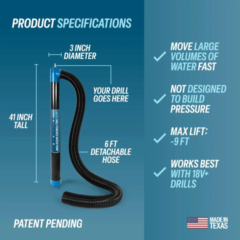 Heavy Duty Drill Powered Stick Water Transfer Pump Slams Through 160 GPM showing specifications, 41 inches tall with 6 ft hose.