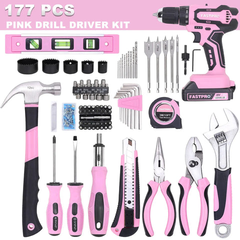 Pink 177-Piece 20V Cordless Drill Driver And Home Tool Set With Storage Case Includes Bit Set Driver Bits Sockets And Pliers For DIY Home Projects And Weekend Repairs