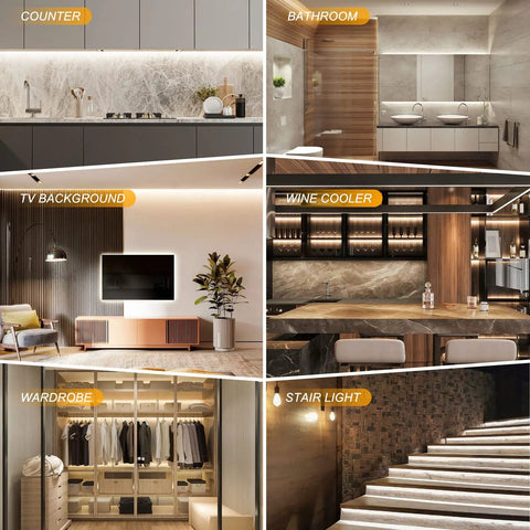 Under Cabinet LED Lighting Kit With 20 Foot Run, Six Dimmable Strip Lights From 2700K Warm White To 6500K Daylight used in various home settings