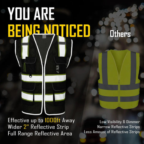 Heavy Duty Reflective Mesh Safety Vest For Men In Black With Nine Roomy Pockets And Bright High Visibility Markers For Construction Job Sites shown on a dark background.