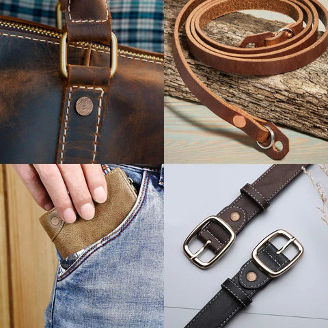 Copper Rivets And Burrs Leather Working Kit with 80 Pieces 4mm Copper Shank Includes 2 In 1 Setter, shown on leather accessories
