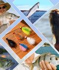Collage of Five Piece Mixed Color Crappie Jigs Kit With Hand Tied Marabou Jigs One Sixty Fourth To One Quarter Ounce Freshwater And Saltwater Lures For Trout Bass Crappie And Walleye All Purpose Dope Tackle showing fish and anglers