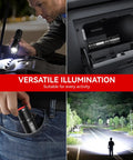 Beast Bright Go To Tactical Flashlight Pack shown lighting car engine, stored in glove box, pocket, and illuminating road at night