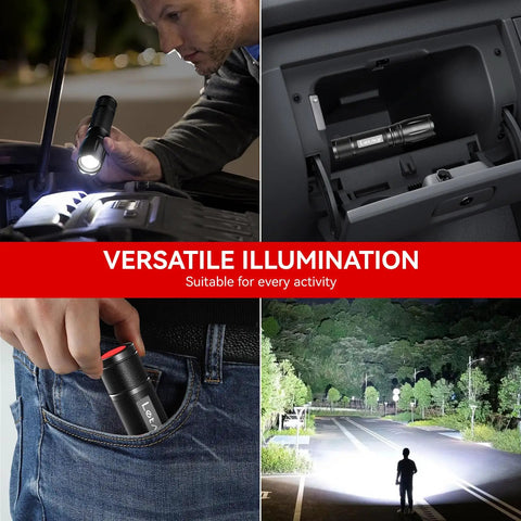 Beast Bright Go To Tactical Flashlight Pack shown lighting car engine, stored in glove box, pocket, and illuminating road at night