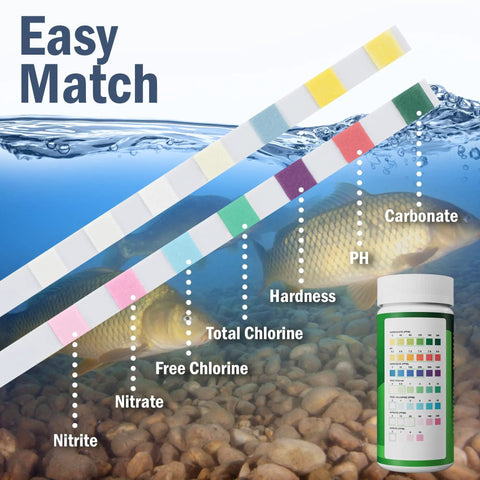 Super Slick 7-in-1 Pond Test Strips Easy-Peezy Water Quality Check for Fish Ponds and Aquatic Gardens with color-matched testing strips.