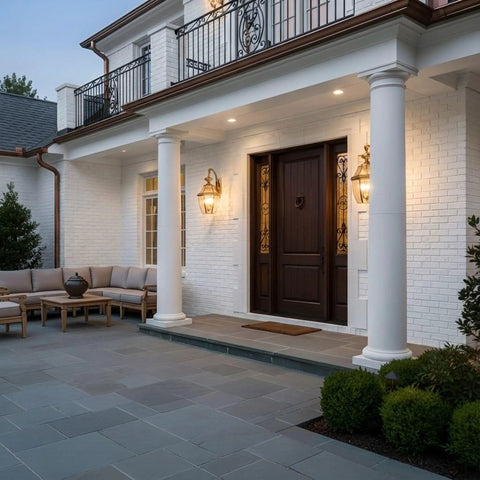 Elegant home entry illuminated by Newbury 20 Inch Outdoor Wall Lantern Two Light Polished Brass With Clear Beveled Glass.